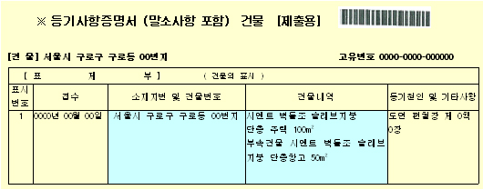 신청서 작성 시 참고 사항: 등기사항증명서 예시